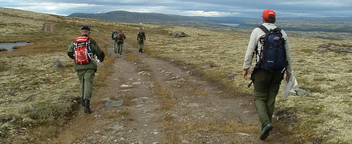 Folk som går på traktorvei i snaufjellet